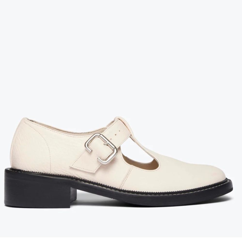 Freda Salvador Helen T-Strap Loafer in Powder White Pebbled Leather Size 38